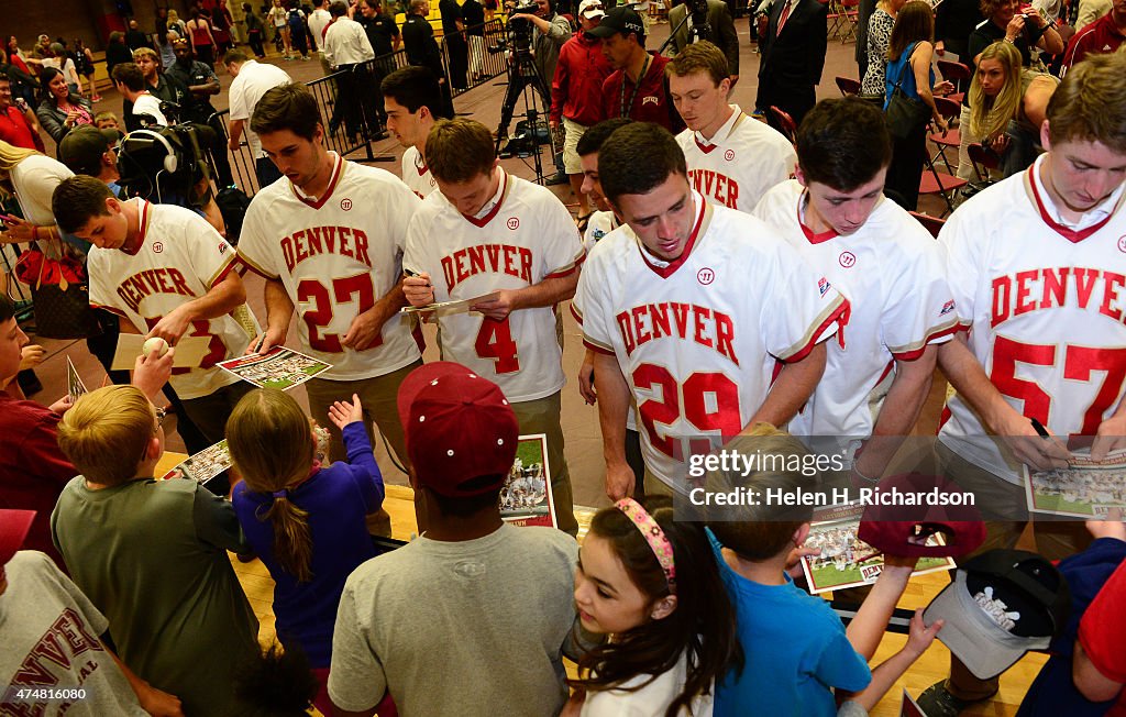 University of Denver rally for the Men's Lacrosse team after winning the national championships in Denver, Colorado.