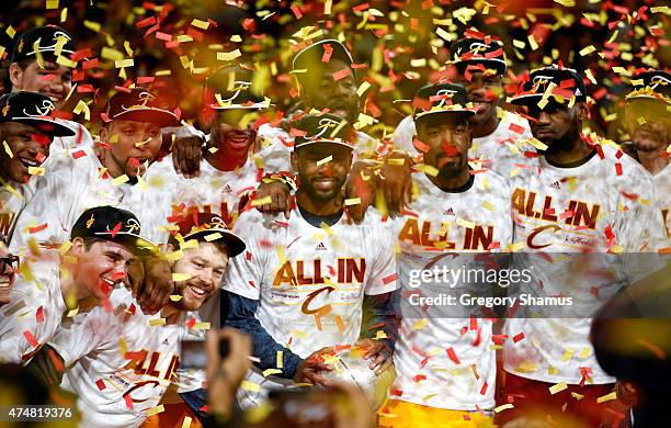 The Cleveland Cavaliers celebrate after defeating the Atlanta Hawks during Game Four of the Eastern Conference Finals of the 2015 NBA Playoffs at...