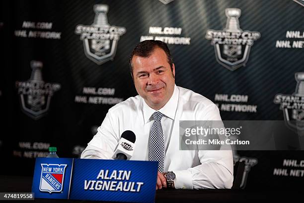 Alain Vigneault of the New York Rangers speaks to the media after defeating the Tampa Bay Lightning in Game Six of the Eastern Conference Finals...