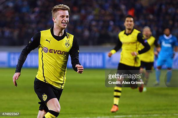 Marco Reus of Dortmund celebrates his team's second goal during the UEFA Champions League Round of 16 match between FC Zenit and Borussia Dortmund at...