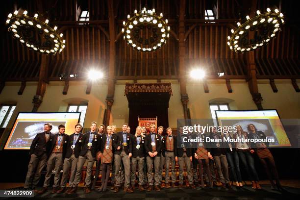 All the Dutch medalist pose on the stage during the Welcome Home Reception Held For Dutch Winter Olympic Medalists held at the Ridderzaal on February...