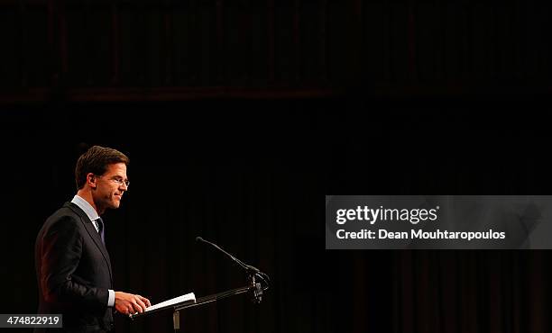 Netherlands' Prime Minister Mark Rutte speaks during the Welcome Home Reception Held For Dutch Winter Olympic Medalists held at the Ridderzaal on...