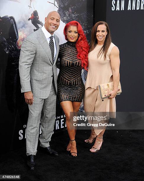 Actor Dwayne Johnson, Eva Marie and Dany Garcia arrive at the Los Angeles premiere of "San Andreas" at TCL Chinese Theatre IMAX on May 26, 2015 in...