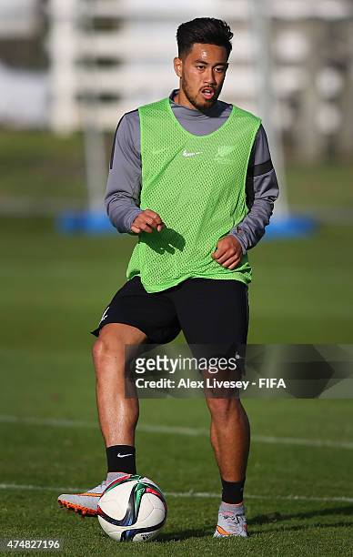 Bill Tuiloma the captain of New Zealand U-20s passes the ball during a training session at Kristin School on May 27, 2015 in Auckland, New Zealand.