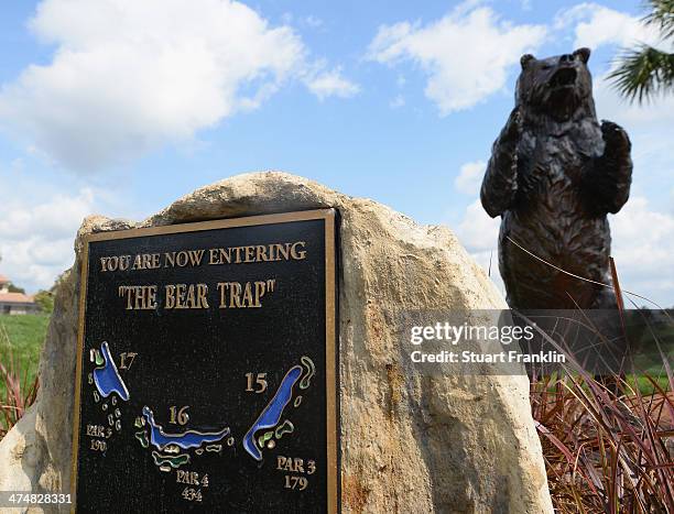 Sign and statue of a bear to mark the three holes known as the bear trap prior to the start of the Honda Classic at PGA National Resort and Spa on...