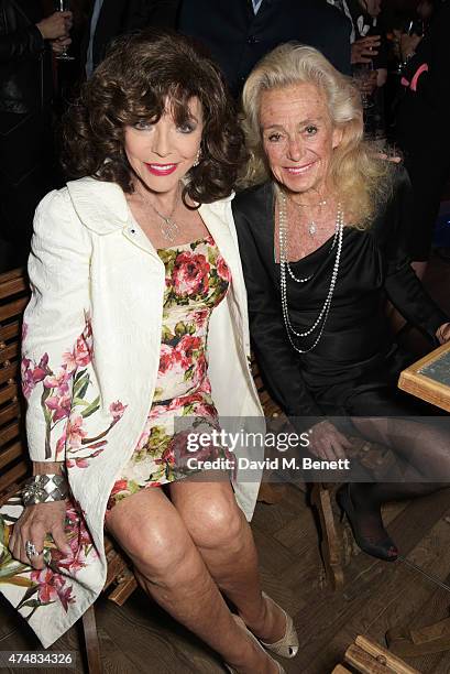 Dame Joan Collins and Terry Allen Kramer attend an after party celebrating the VIP Gala Preview of "The Elephant Man" at The Haymarket Hotel on May...