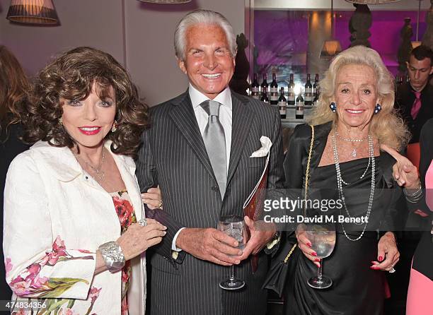 Dame Joan Collins, George Hamilton and Terry Allen Kramer attend an after party celebrating the VIP Gala Preview of "The Elephant Man" at The...