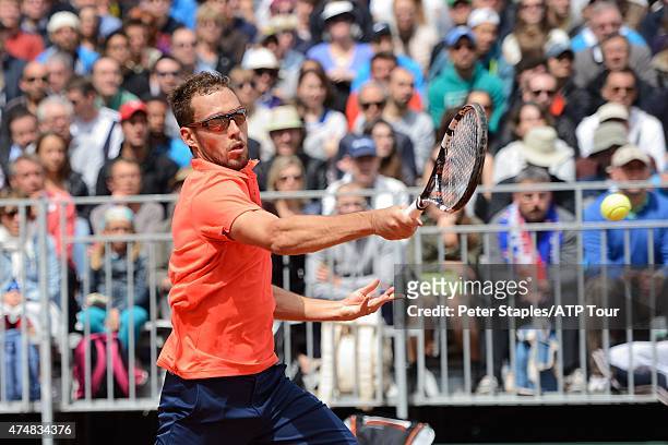 Jerzy Janowicz of Poland in action in his win against Maxime Hamou of France at the French Open, Roland Garros Stadium on May 26, 2015 in Paris,...