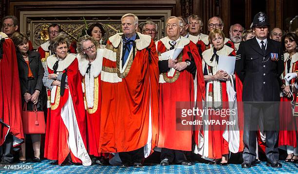 Members of the House of Lords including Lord Michael Grade gather to watch the ceremonial search ahead of the State Opening of Parliament, in the...