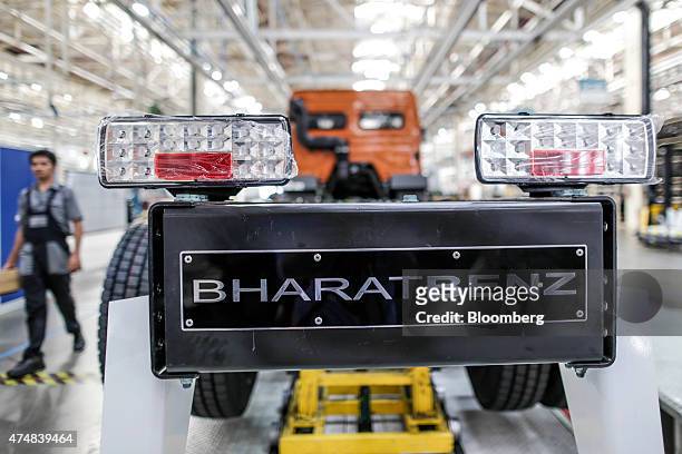 BharatBenz badge is displayed on a the rear of a truck at the Daimler India Commercial Vehicles Pvt. Manufacturing plant in Chennai, India, on...