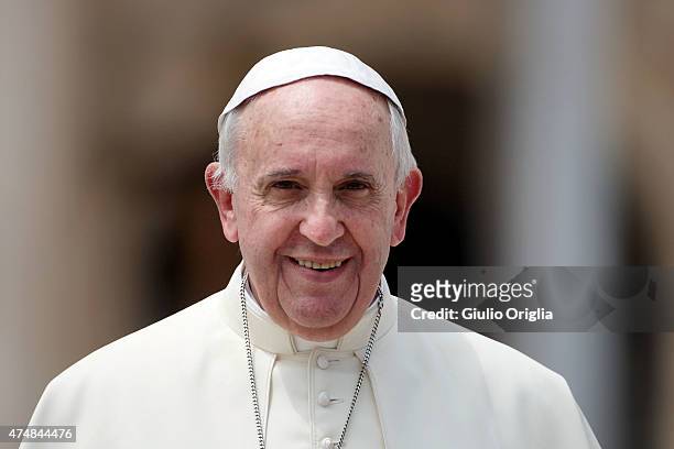 Pope Francis holds his weekly audience in St. Peter's Square on May 27, 2015 in Vatican City, Vatican. During his speech the Pontiff spoke to couples...
