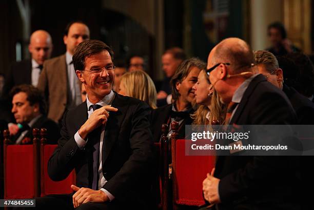 Netherlands Prime Minister, Mark Rutte speaks to Chef de Mission, Maurits Hendriks prior to the Dutch Winter Olympic Medal winners ceremony held at...