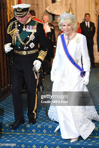 Prince Charles and his wife Camilla, Duchess of Cornwall attend the State Opening of Parliament in the House of Lords, at the Palace of Westminster...