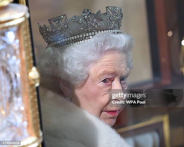 Queen Elizabeth II attends the State Opening of Parliament in the House of Lords, at the Palace of Westminster on May 27, 2015 in London, England.