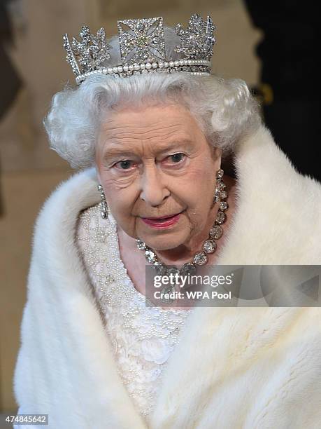 Queen Elizabeth II attends the State Opening of Parliament in the House of Lords, at the Palace of Westminster on May 27, 2015 in London, England.