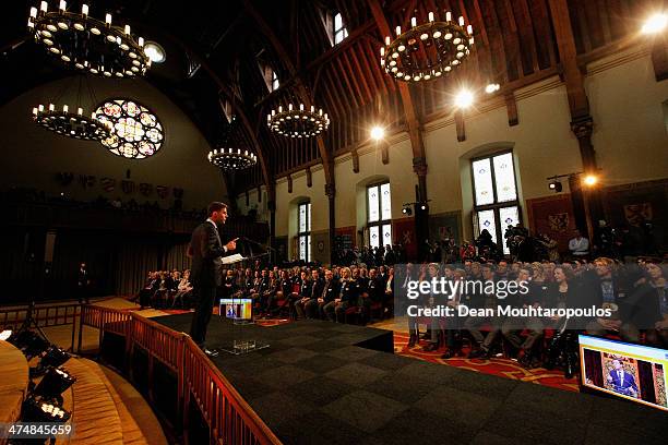 The Netherlands Prime Minister, Mark Rutte speaks during the Dutch Winter Olympic Medal winners ceremony held at the Ridderzaal on February 25, 2014...