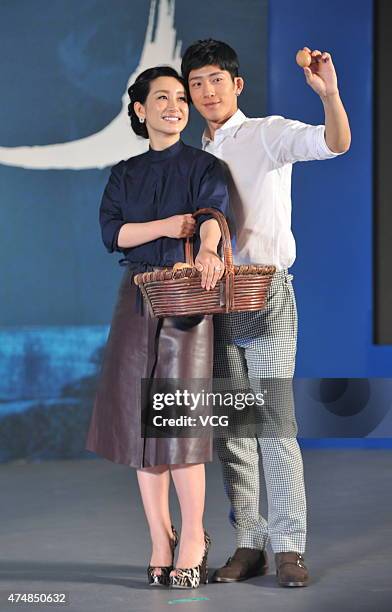 Actress Qin Hailu and actor Jing Boran attend "Tale of Three Cities" press conference on May 27, 2015 in Beijing, China.