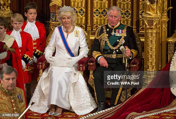 Prince Charles, Prince of Wales and Camilla, Duchess of Cornwall attend the State Opening of Parliament in the House of Lords, at the Palace of...