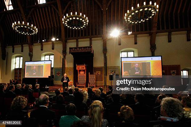 Chef de Mission, Maurits Hendriks speaks on stage during the Dutch Winter Olympic Medal winners ceremony held at the Ridderzaal on February 25, 2014...