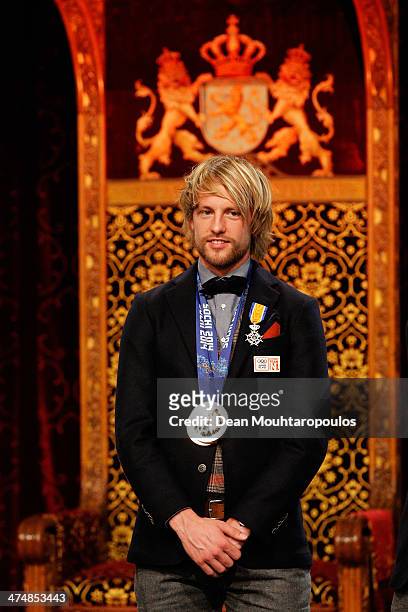Michel Mulder poses with his Ridder in de Orde van Oranje-Nassau or Knight in the Order of Orange-Nassau medal during the Dutch Winter Olympic Medal...