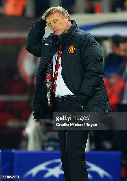 Manchester United manager David Moyes reacts on the touchline during the UEFA Champions League Round of 16 first leg match between Olympiacos FC and...