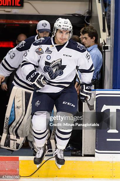 Anthony Deluca of the Rimouski Oceanic takes to the ice in Game Two during the 2015 Memorial Cup against the Oshawa Generals at the Pepsi Coliseum on...