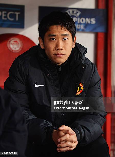 Shinji Kagawa of Manchester United looks on during the UEFA Champions League Round of 16 first leg match between Olympiacos FC and Manchester United...