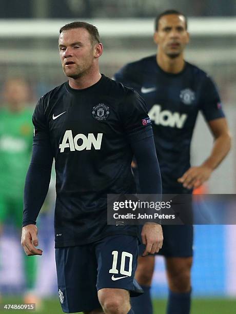 Wayne Rooney of Manchester United shows his disappointment during the UEFA Champions League Round of 16 match between Olympiacos FC and Manchester...