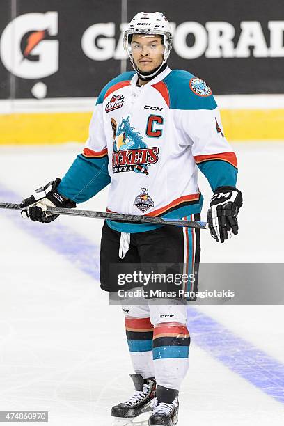 Madison Bowey of the Kelowna Rockets looks on in Game One during the 2015 Memorial Cup against the Quebec Remparts at the Pepsi Coliseum on May 22,...