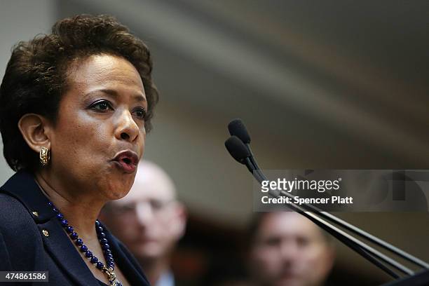 Attorney General Loretta Lynch speaks at a packed news conference at the U.S. Attorneys Office of the Eastern District of New York following the...
