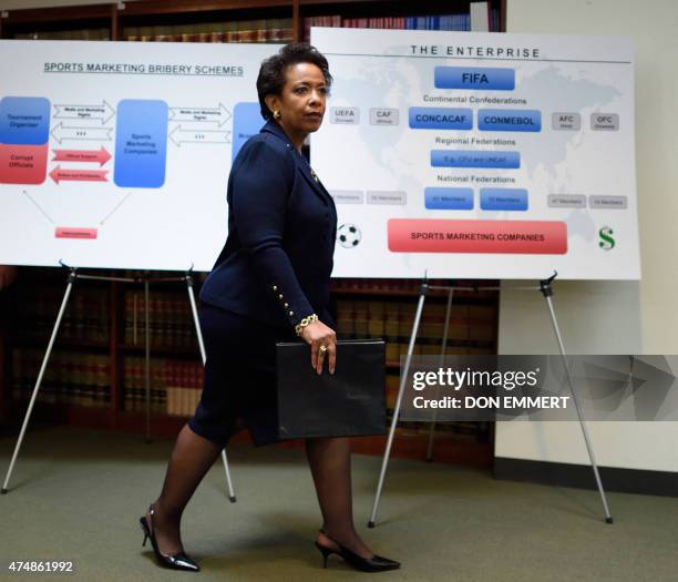 Attorney General Loretta E. Lynch enters to make an announcement on charges against FIFA officials at a news conference on May 27, 2015 in New York....