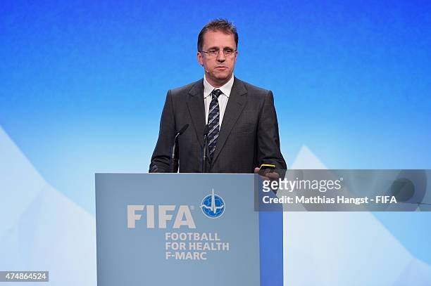 Prof. Tim Meyer, team doctor of German national team, talks during the Medical Conference part one at the Swisshotel on May 27, 2015 in Zurich,...