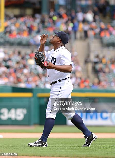 Angel Nesbitt of the Detroit Tigers reacts while walking off the field during the game against the Houston Astros at Comerica Park on May 21, 2015 in...