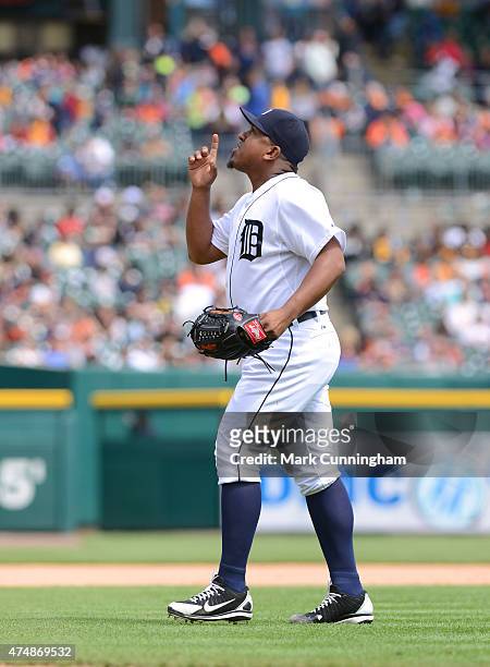 Angel Nesbitt of the Detroit Tigers reacts while walking off the field during the game against the Houston Astros at Comerica Park on May 21, 2015 in...