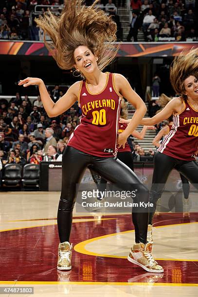 Member of the Cleveland Cavaliers dance team entertains fans during a break in the action against the Toronto Raptors at The Quicken Loans Arena on...