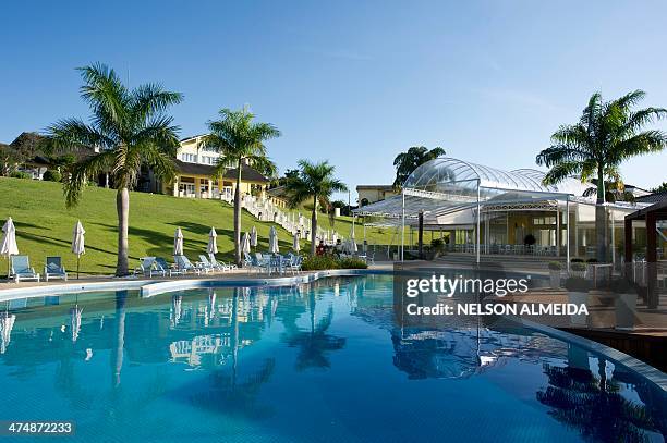 View of the pool of the Pitangueiras Hotel in Sorocaba, some 100 km from Sao Paulo, which will host Algeria's national football team during the FIFA...