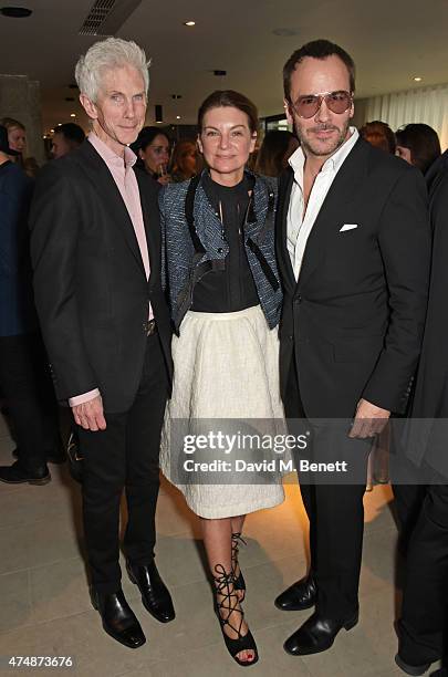 Richard Buckley, Natalie Massenet and Tom Ford attend the London premiere of 'The True Cost' at the Curzon Bloomsbury on May 27, 2015 in London,...