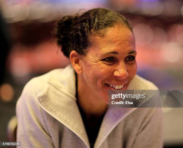 Shannon Boxx answers questions during the United States Women's World Cup Media Day at Marriott Marquis Hotel on May 27, 2015 in New York City.