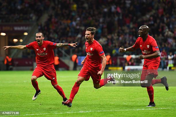 Grzegorz Krychowiak of Sevilla celebrates scoring his team's opening goal during the UEFA Europa League Final match between FC Dnipro Dnipropetrovsk...