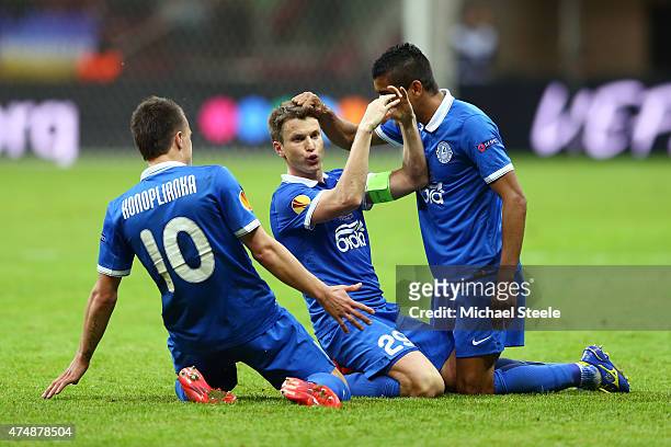 Ruslan Rotan of Dnipro celebrates scoring his team's second goal with team mates during the UEFA Europa League Final match between FC Dnipro...