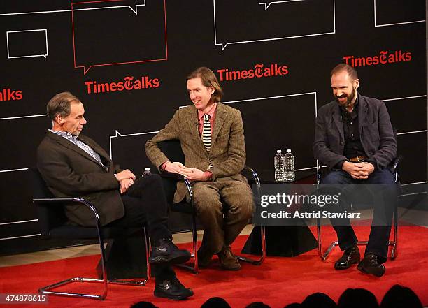 New York Times media columnist David Carr, filmmaker Wes Anderson and actor Ralph Fiennes attend TimesTalk Presents An Evening With Wes Anderson And...