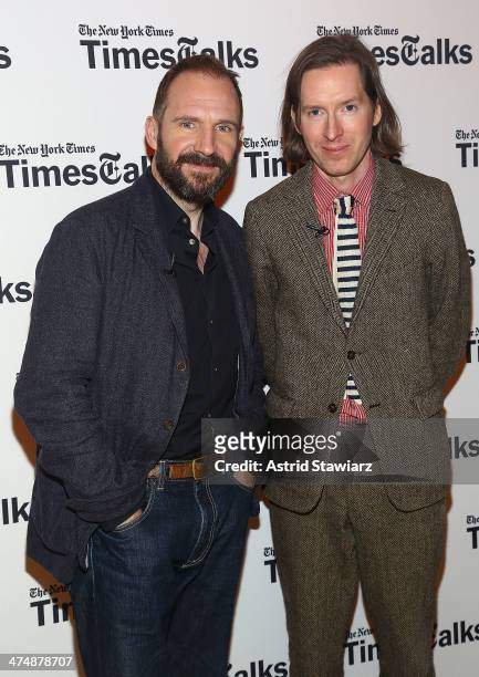 Actor Ralph Fiennes and filmmaker Wes Anderson attend TimesTalk Presents An Evening With Wes Anderson And Ralph Fiennes at The Times Center on...