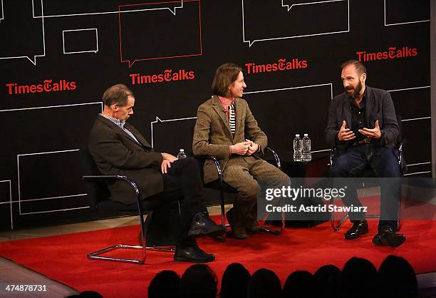 New York Times media columnist David Carr, filmmaker Wes Anderson and actor Ralph Fiennes attend TimesTalk Presents An Evening With Wes Anderson And...