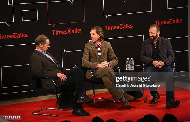 New York Times media columnist David Carr, filmmaker Wes Anderson and actor Ralph Fiennes attend TimesTalk Presents An Evening With Wes Anderson And...