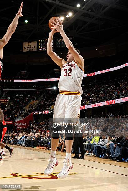 Spencer Hawes of the Cleveland Cavaliers goes up for the shot against the Toronto Raptors at The Quicken Loans Arena on February 25, 2014 in...