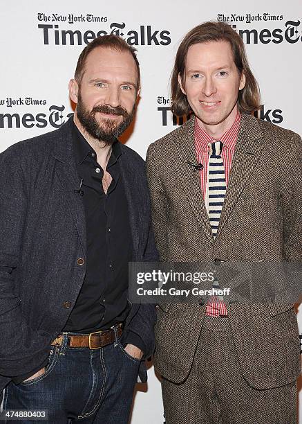 Actor Ralph Fiennes and director Wes Anderson attend TimesTalk Presents An Evening With Wes Anderson And Ralph Fiennes at The Times Center on...