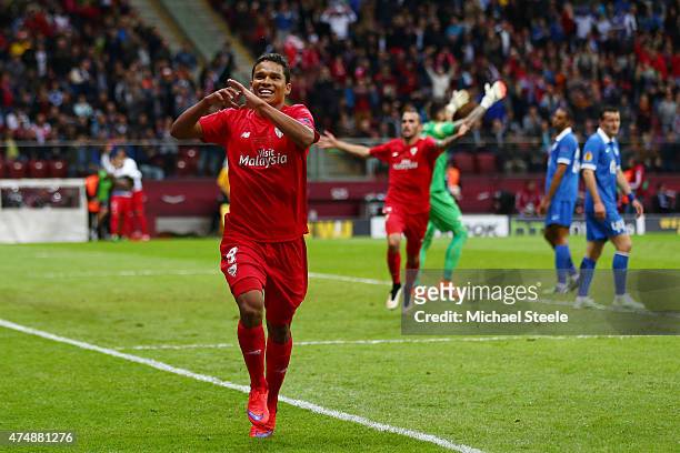 Carlos Bacca of Sevilla celebrates scoring his team's third goal during the UEFA Europa League Final match between FC Dnipro Dnipropetrovsk and FC...