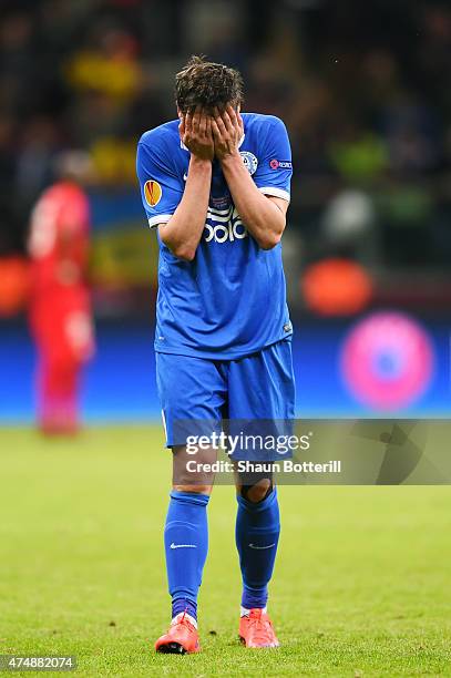 Yevhen Seleznyov of Dnipro looks dejected after the UEFA Europa League Final match between FC Dnipro Dnipropetrovsk and FC Sevilla on May 27, 2015 in...