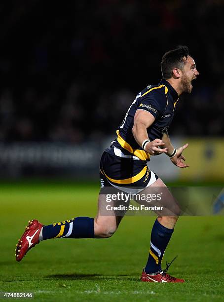 Worcester player Ryan Lamb celebrates after converting the final try to win the game during the Greene King IPA Championship final second leg match...