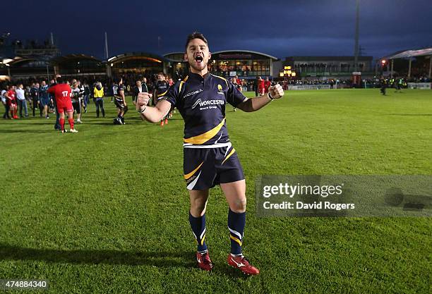 Ryan Lamb of Worcester, who converted the final try to win the match, celebrates during the Greene King IPA Championship Final 2nd leg match between...